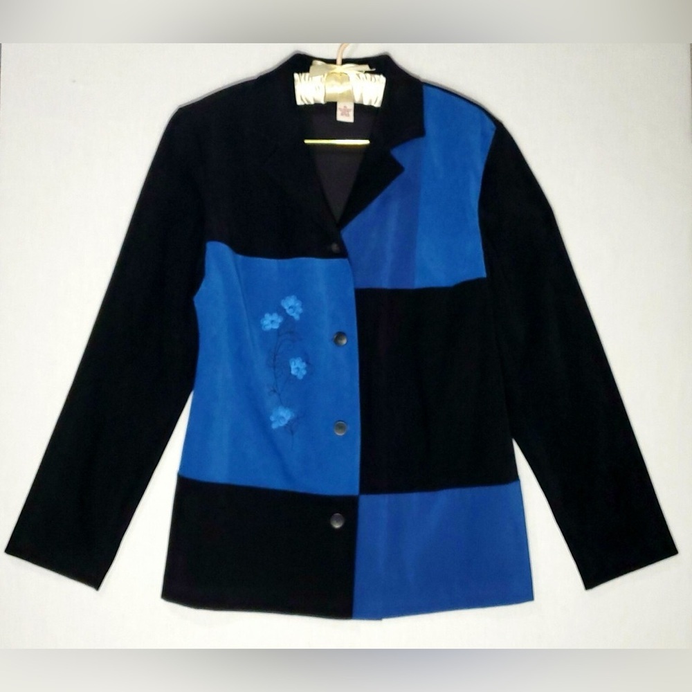 Vintage Faux Suede Two Tone Colorblock Patchwork Embroidered Blazer Jacket
